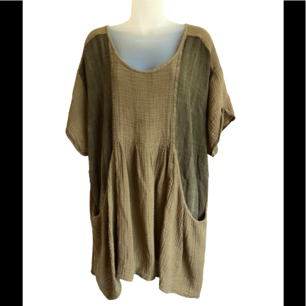 Free People Oversized Two-Tone Olive and Khaki Gauze Dress
